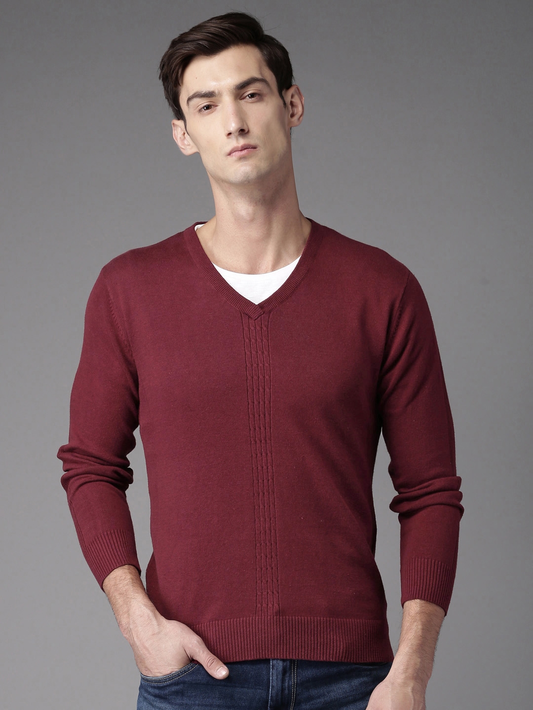 Buy HERE&NOW Men Maroon Solid Pullover Sweater - Sweaters for Men ...
