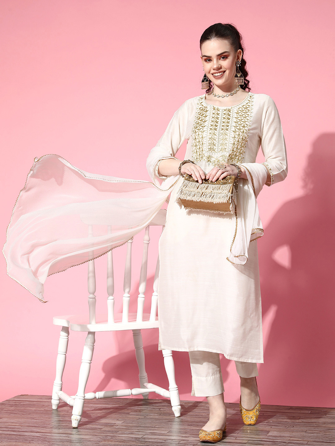 Off white Yoke Design Silk Blend A-Line Kurta With Trousers