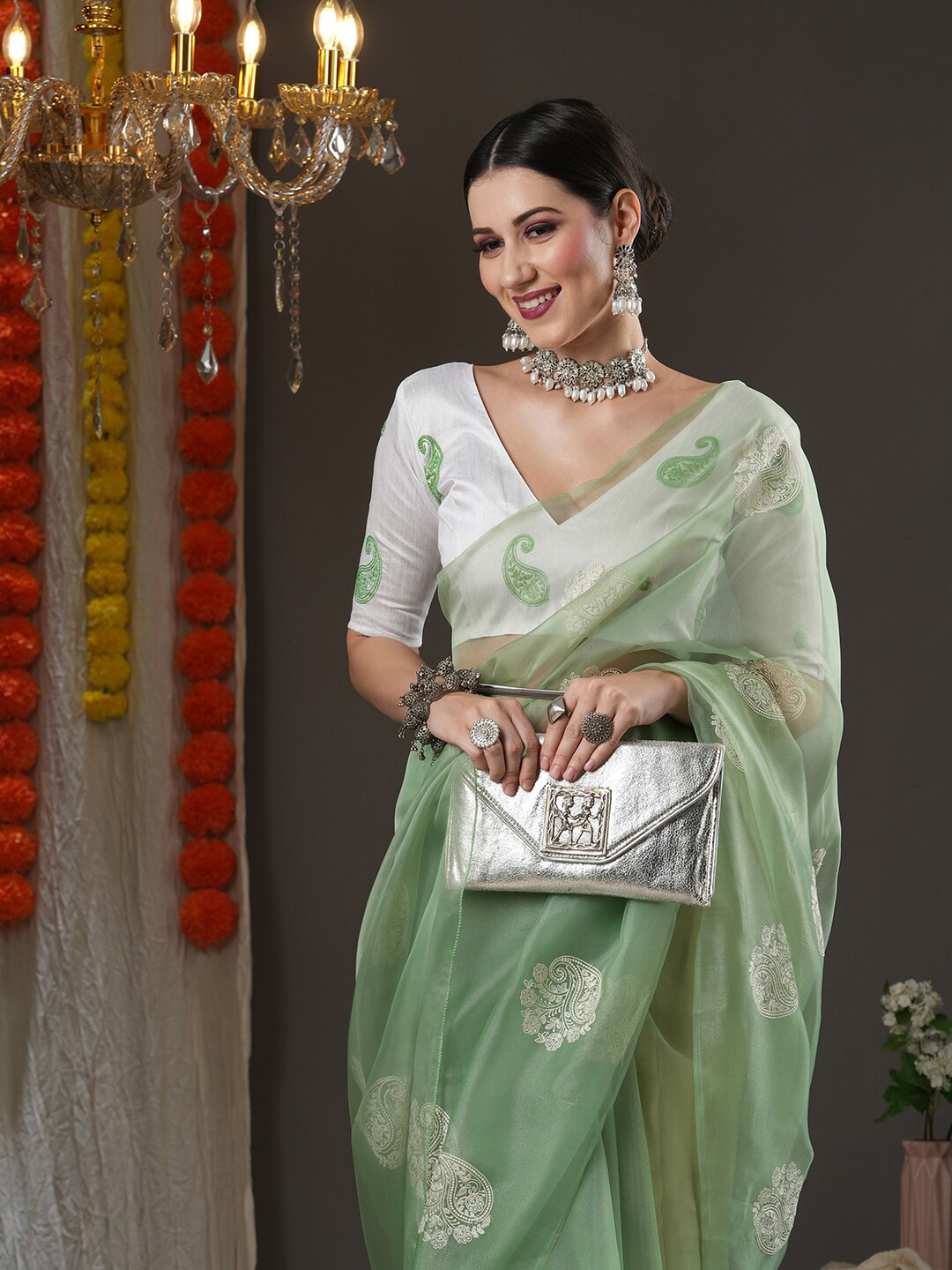 Vistavelle Olive Gold Digital Cluster Print Saree with Banarasi Border