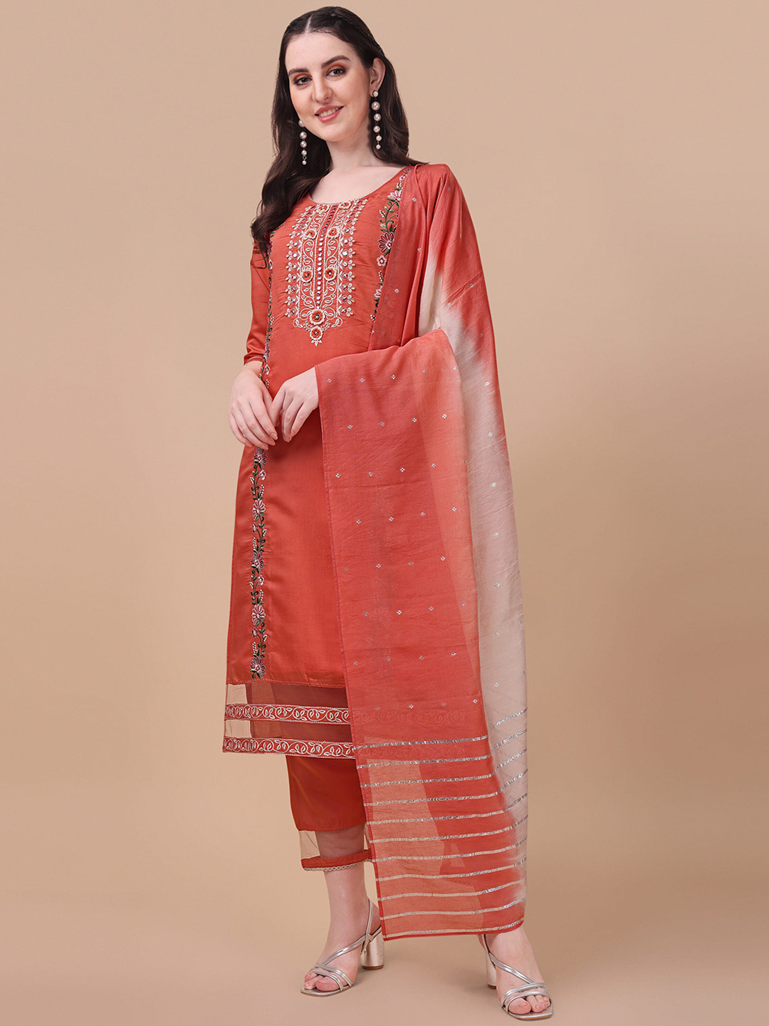 Women Embroidered Orange Kurta Set With Printed Dupatta