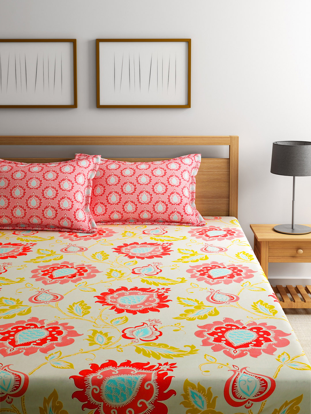 Buy Trident Cream & Pink Printed 120 TC Fine Cotton Double Bedsheet