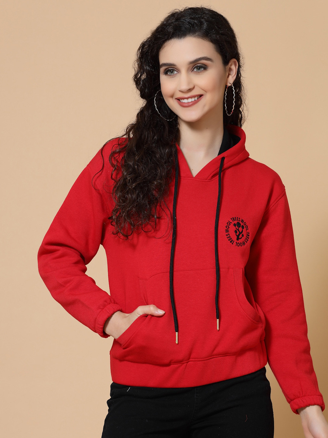 Buy Wool Trees Women Red Hooded Cotton Sweatshirt Sweatshirts for