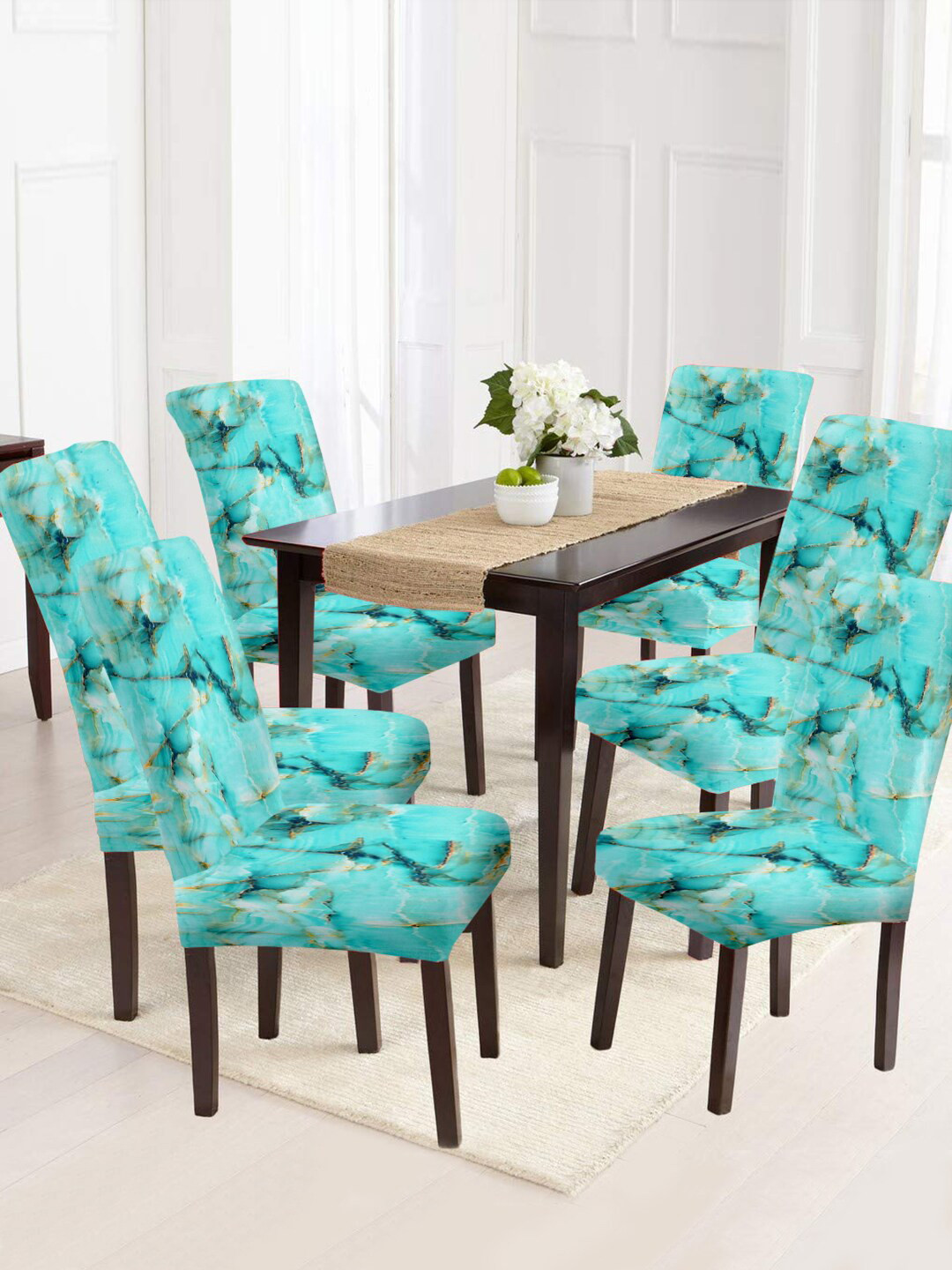 Buy Cortina Set Of 6 Teal Blue Printed Chair Covers Chair Cover for
