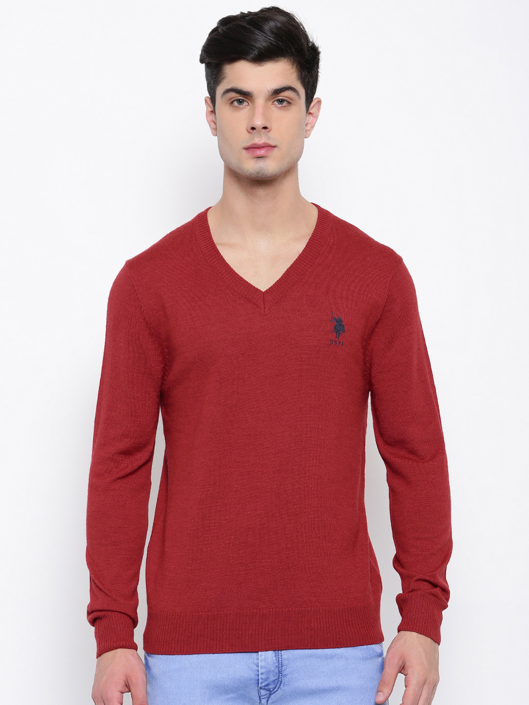 Buy U.S. Polo Assn. Men Red Solid Pullover Sweaters for Men 2092374