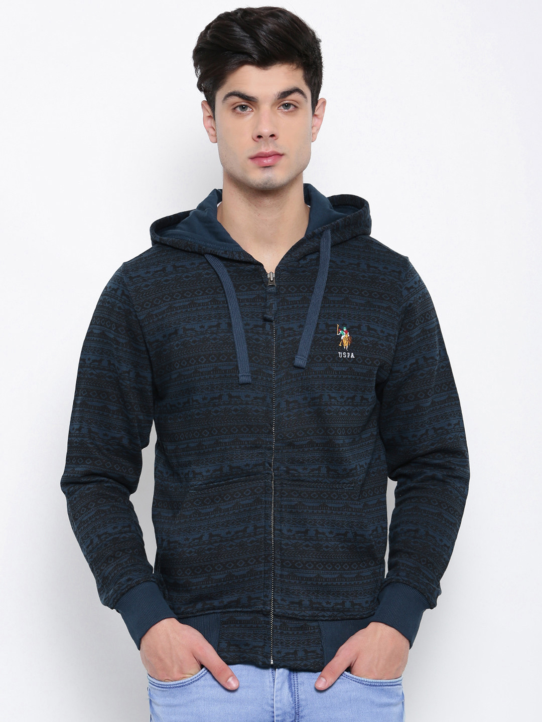 Buy U.S. Polo Assn. Denim Co. Men Navy Blue Printed Hooded Sweatshirt - Sweatshirts for Men 