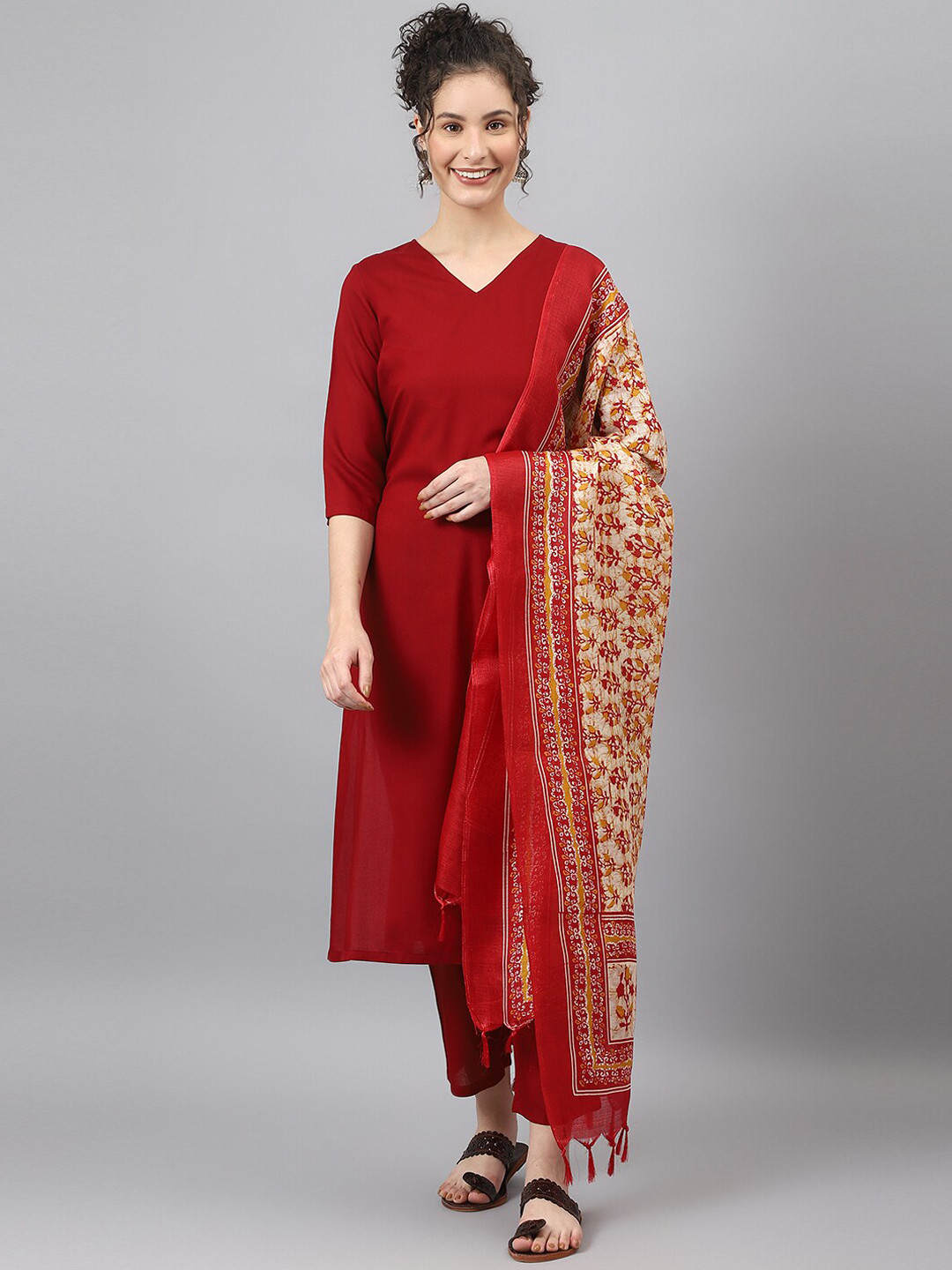 Women's Ethnic Floral Red Straight Kurta Set with Dupatta