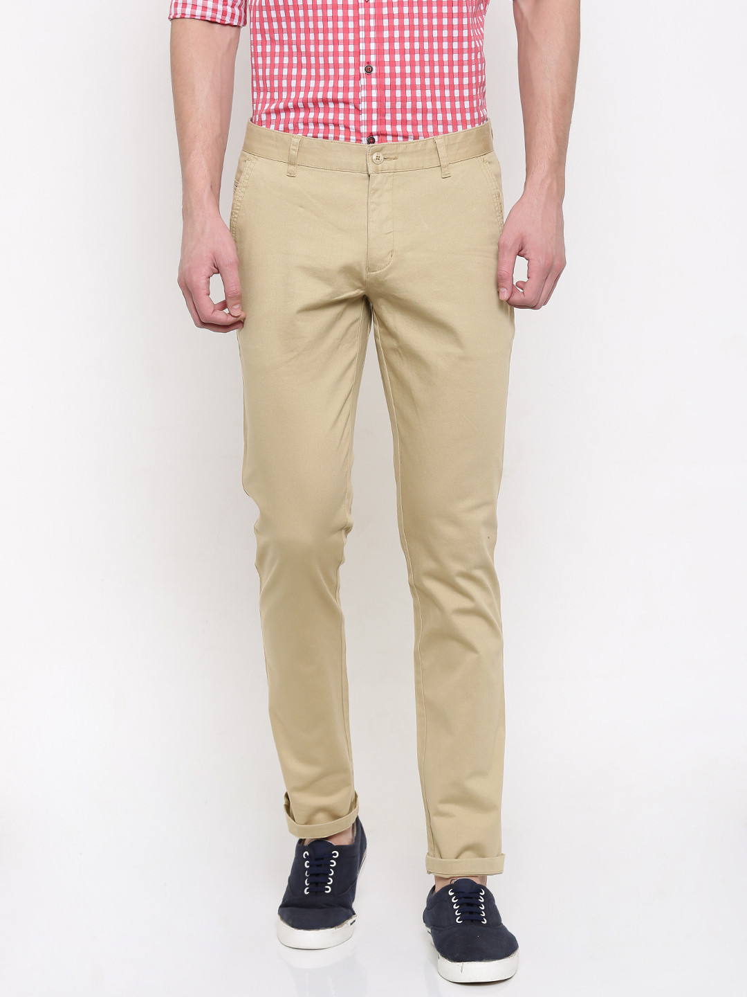 Men's Beige Solid Slim Fit Trousers