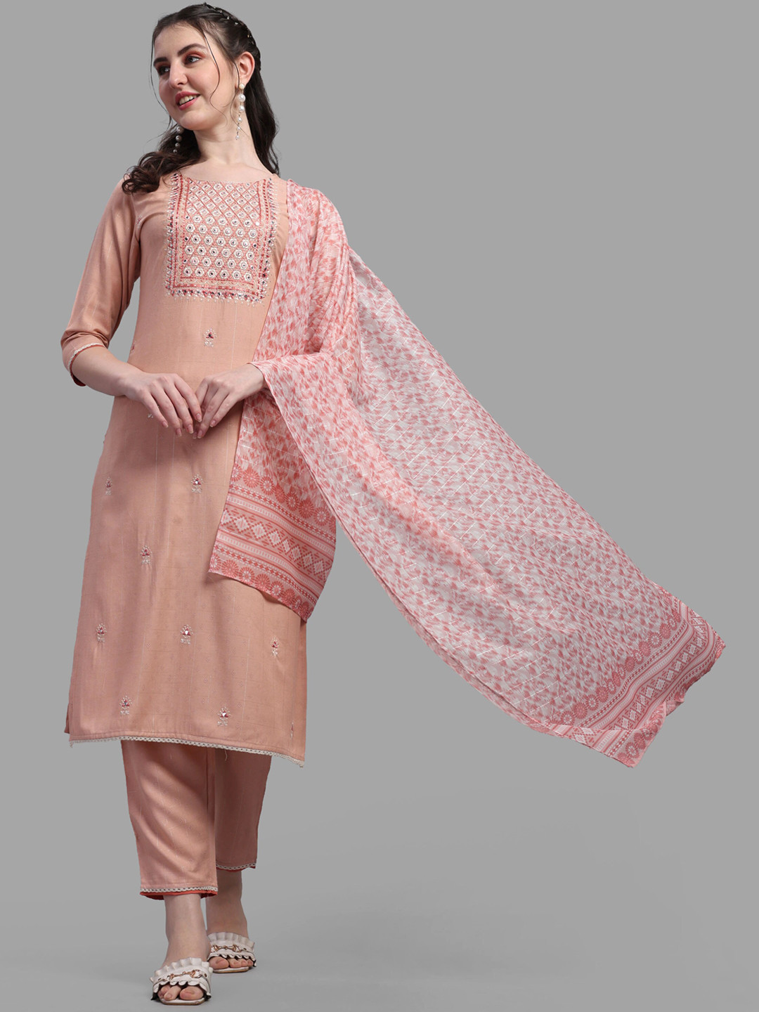 Women's Floral Peach Ethnic Straight Kurta Set with Dupatta main image 0