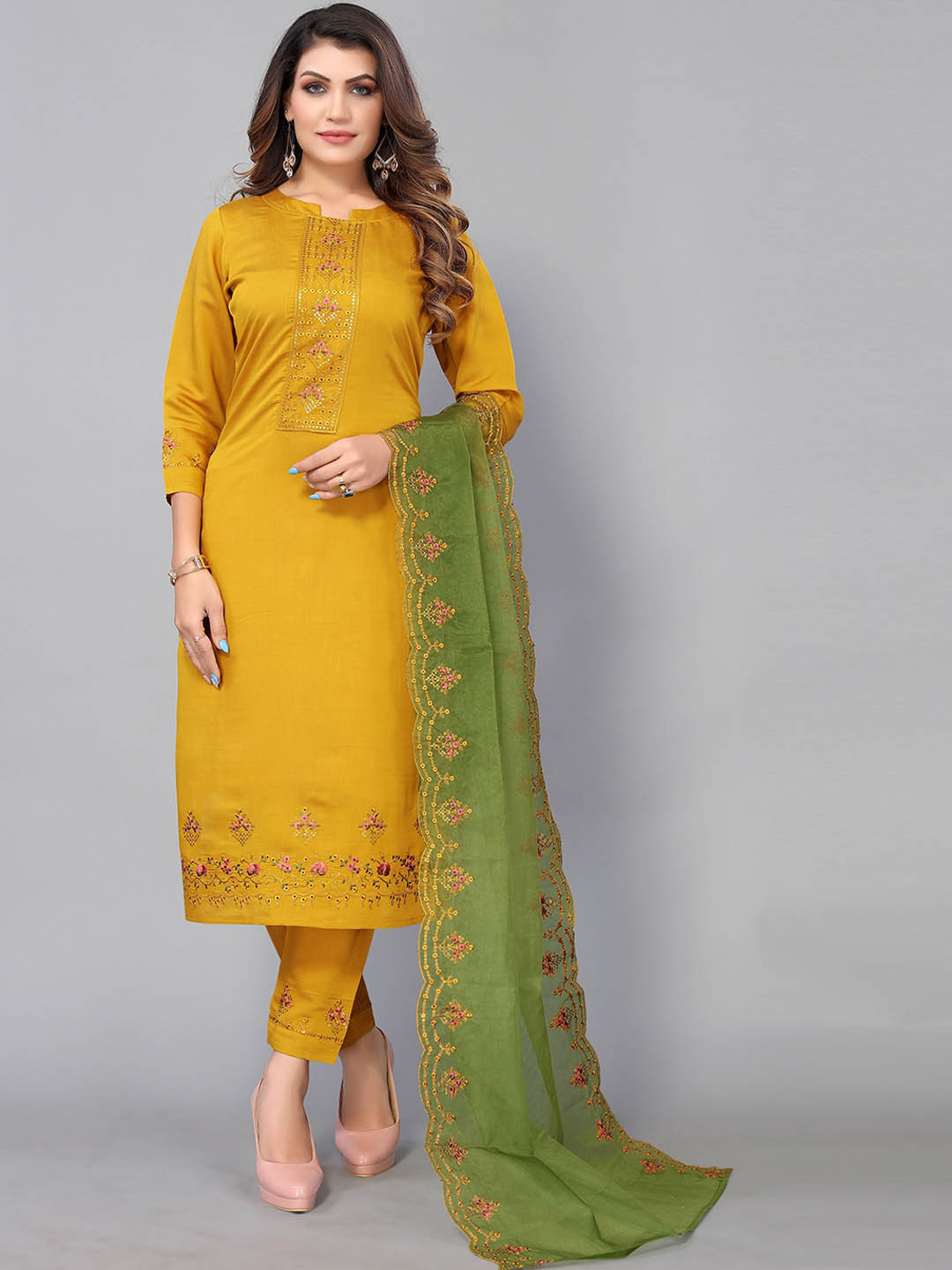Mayur  Mustard Embroidered Tissue Kurta with pants main image 0