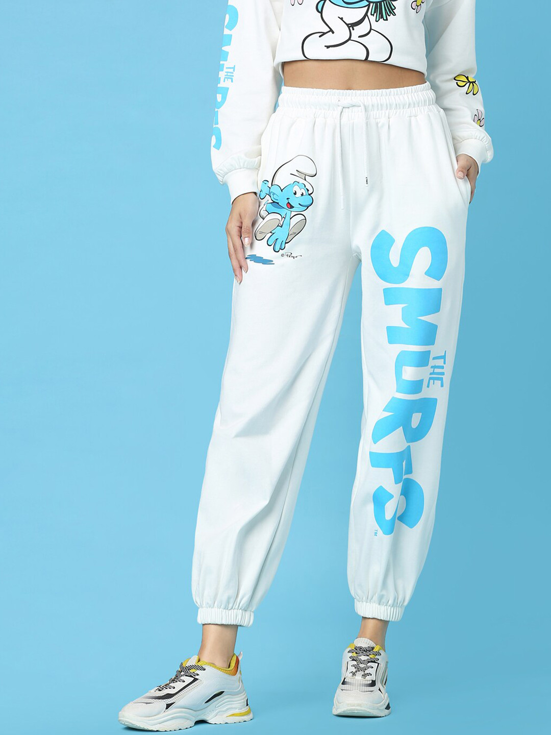 Buy ONLY Women White & Blue Printed Cotton Joggers Track Pants for