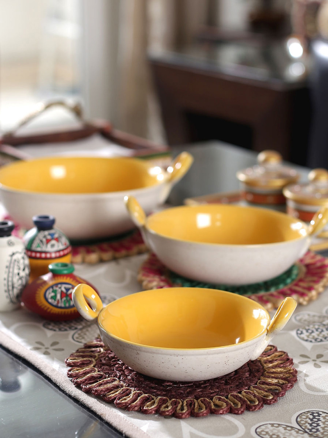 Buy VarEesha White & Yellow 3 Pieces Kadhai Shaped Ceramic Serving Bowl