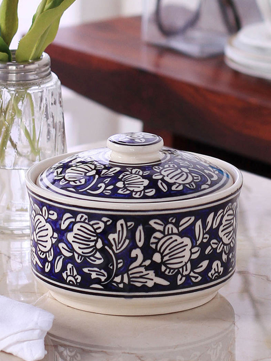 Buy VarEesha Blue & White Mughal Ceramic Serving Bowl With Lid