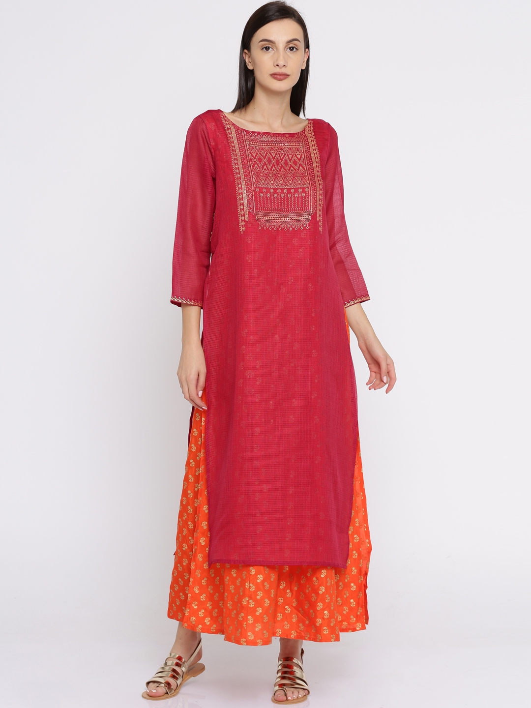 Buy Global Desi Women Magenta & Orange Printed A Line Kurta - Kurtas ...