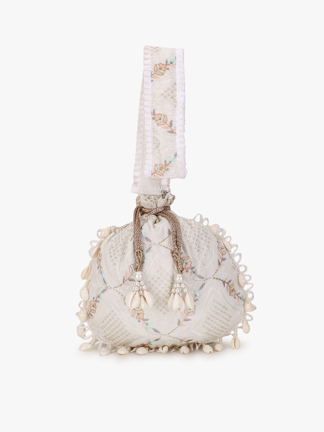 Beige & White Embellished Tasselled Potli Clutch – Elegant Velvet Ethnic Handbag for Weddings & Parties main image 0
