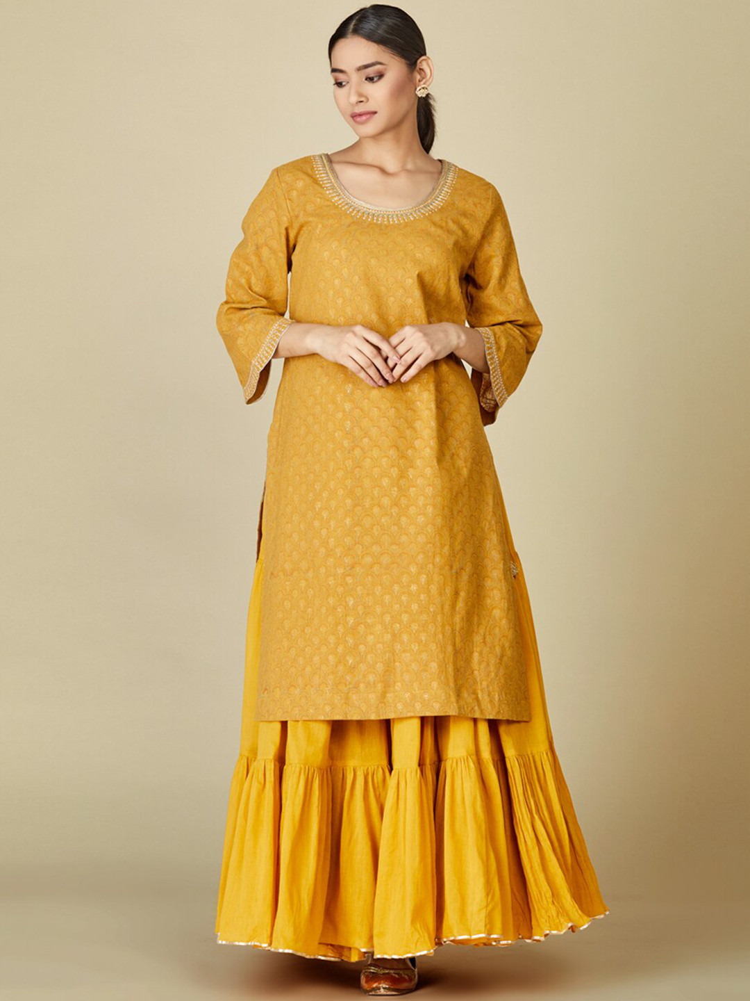 Women's Mustard Floral Printed Thread Work Kurta Set With Dupatta