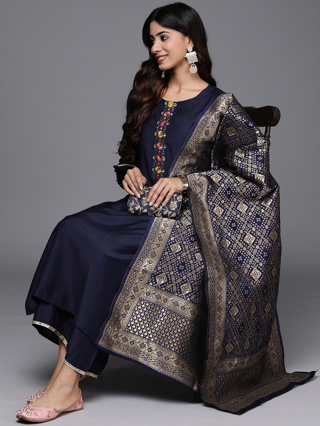 Women Liva Rayon Blue Embroidered Kurta