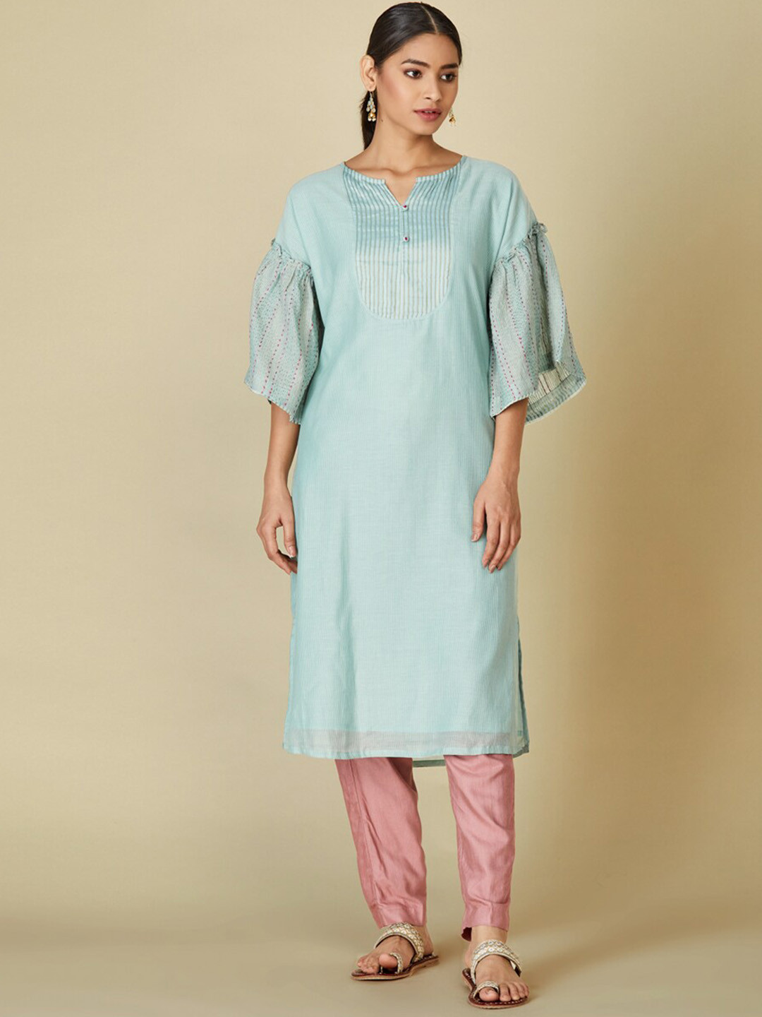 Buy Fabindia Women Blue Striped Flared Sleeves Kurta Kurtas for Women