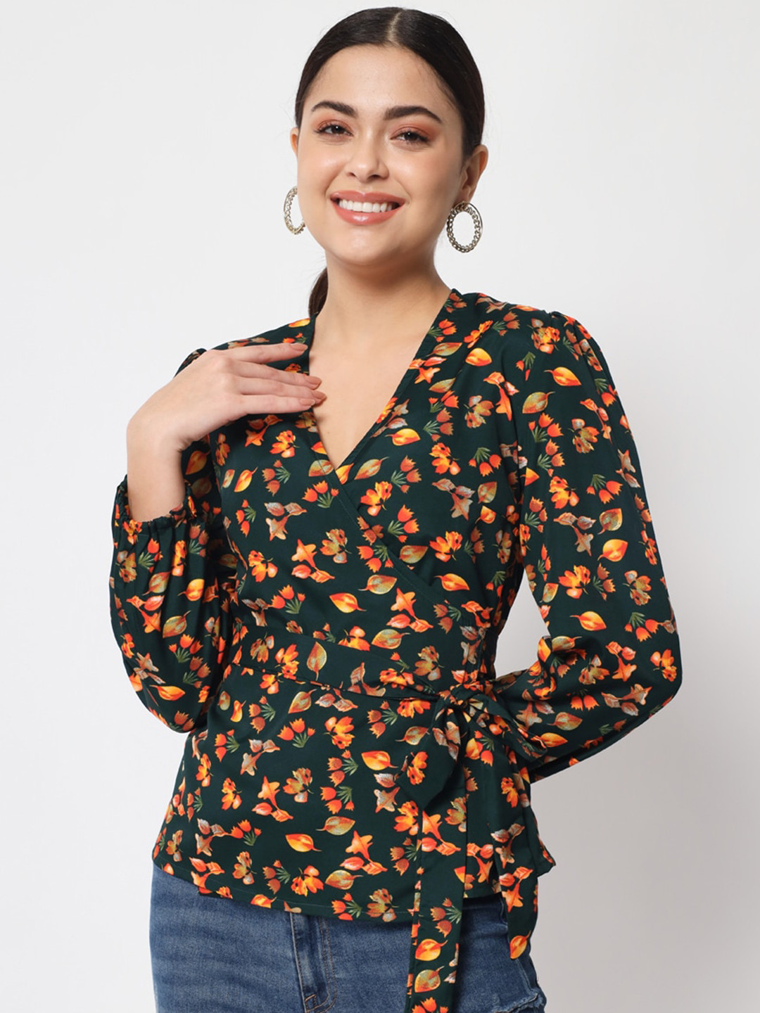 Buy Womenster Green Floral Print Crepe Wrap Top Tops for Women