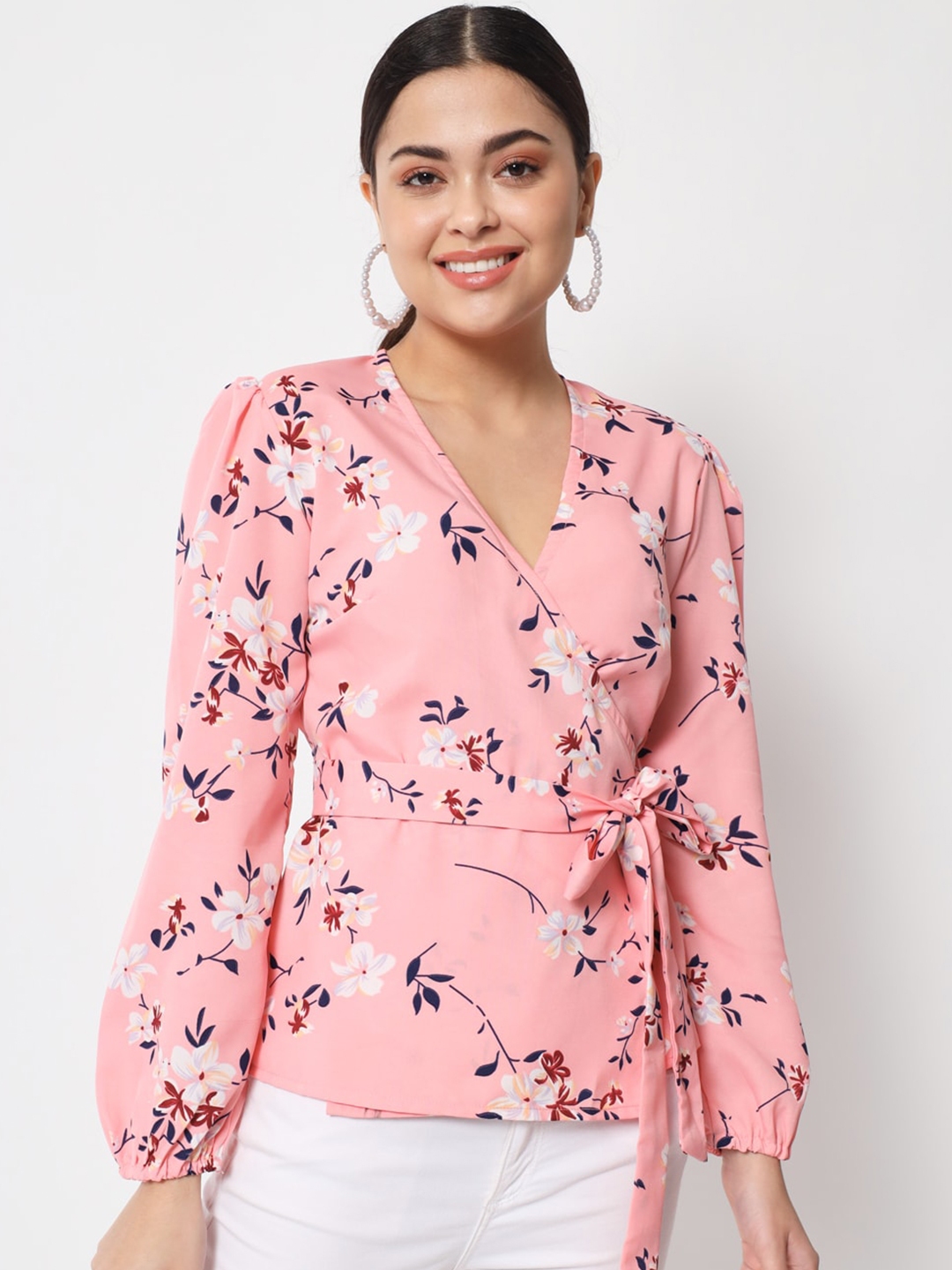 Buy Womenster Pink Floral Print Crepe Wrap Top - Tops for Women ...