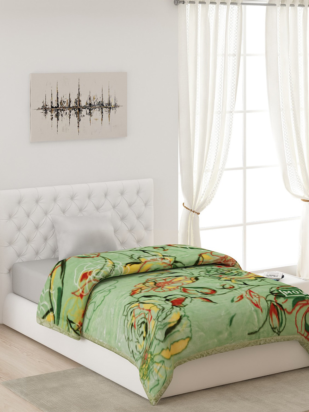 Buy Monte Carlo Green & Yellow Floral Heavy Winter 1000 GSM Single Bed