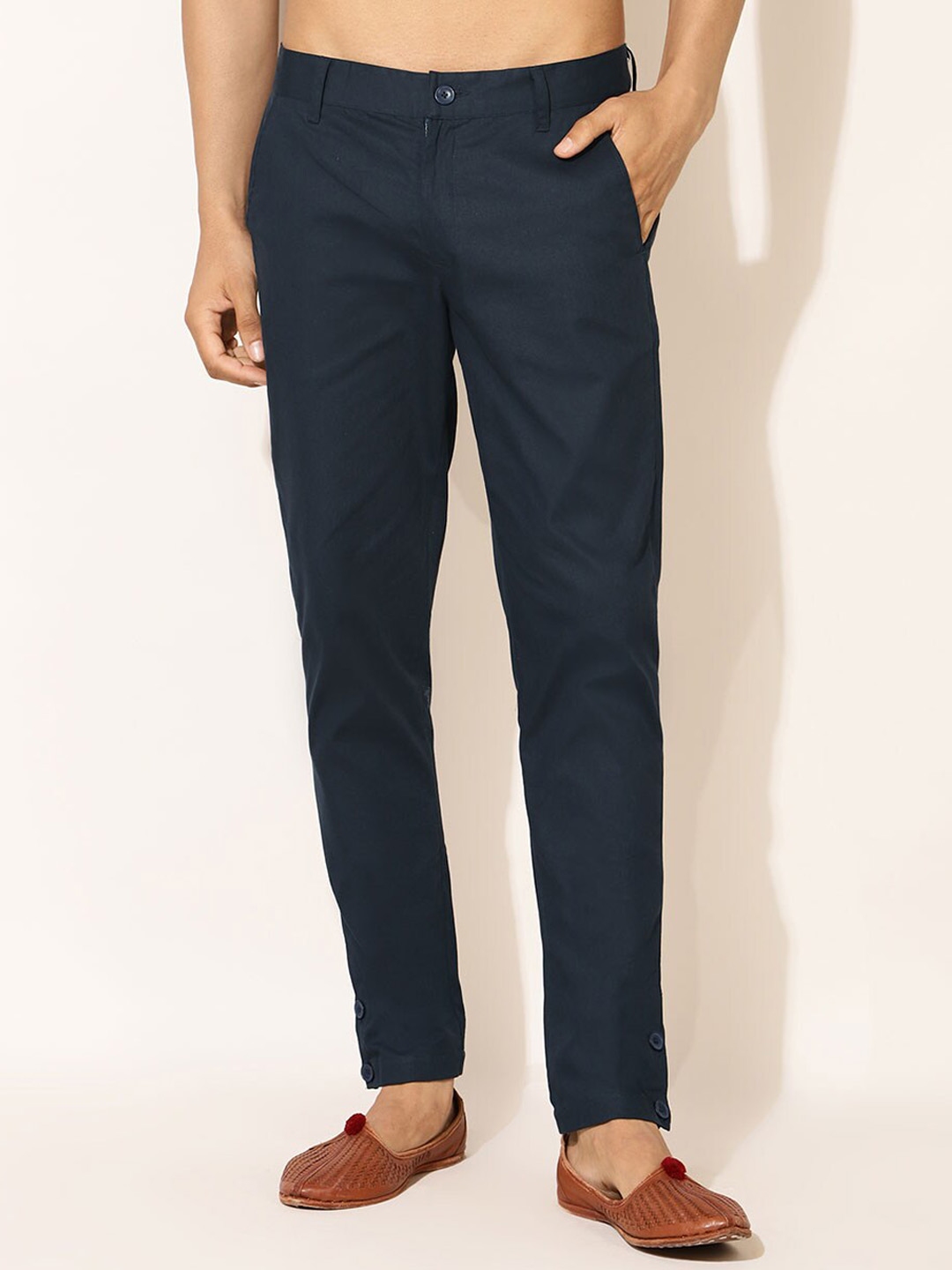 Buy Fabindia Men Navy Blue Slim Fit Cotton Trouser - Trousers for Men ...
