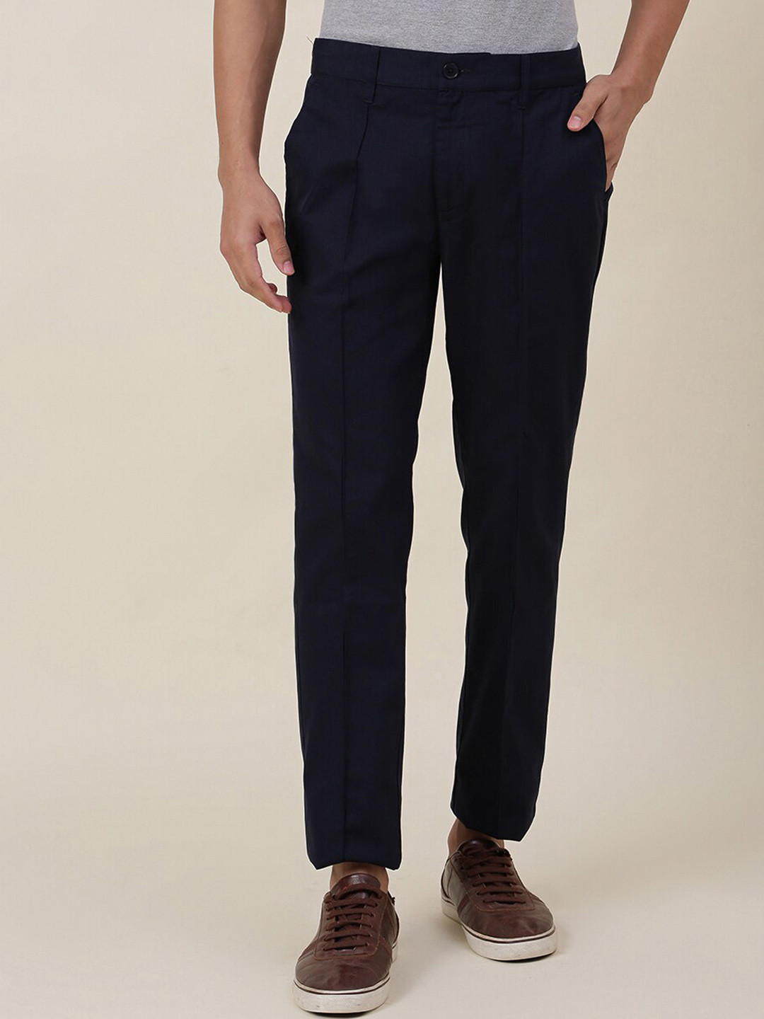 Buy Fabindia Men Navy Blue Comfort Pleated Cotton Trouser Trousers