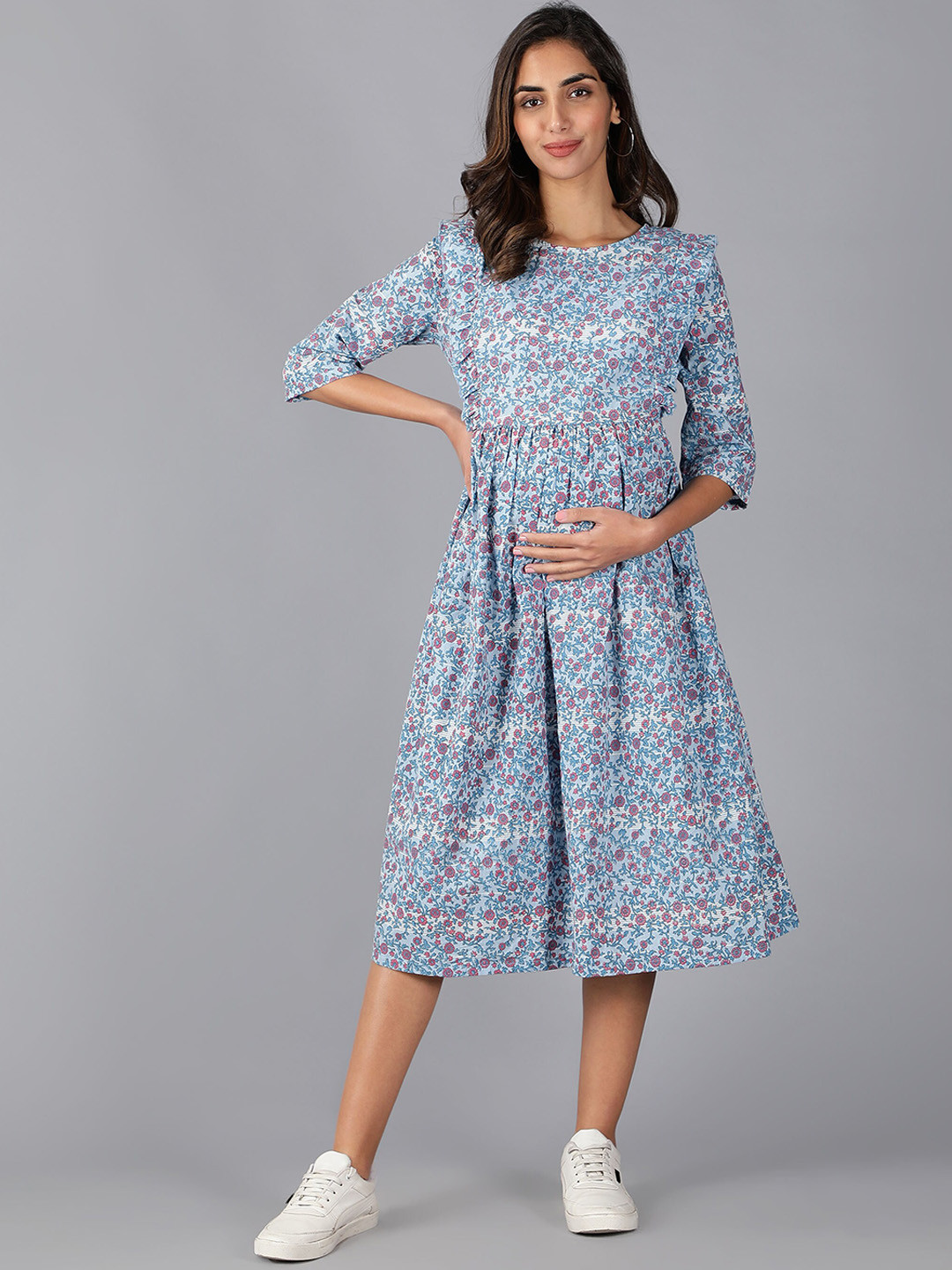 Buy Cot'N Soft Blue Floral Maternity A Line Cotton Dress Dresses for