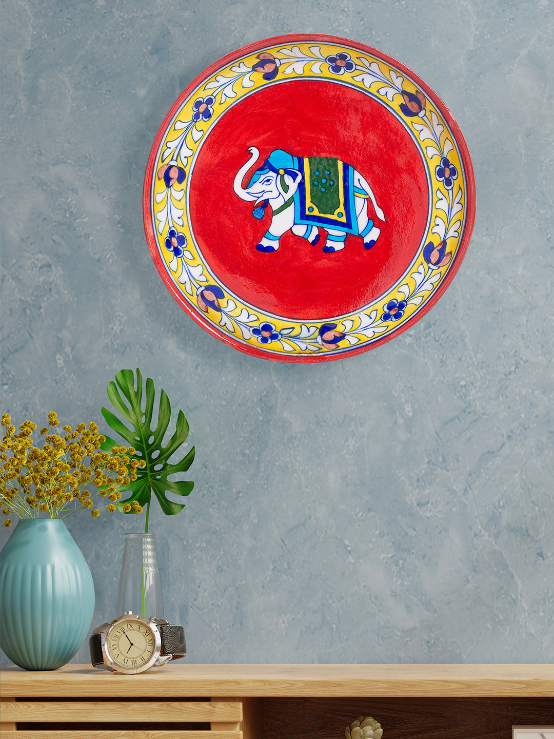 Buy Golden Peacock Red & Yellow Pottery Elephant Wall Decor Plate