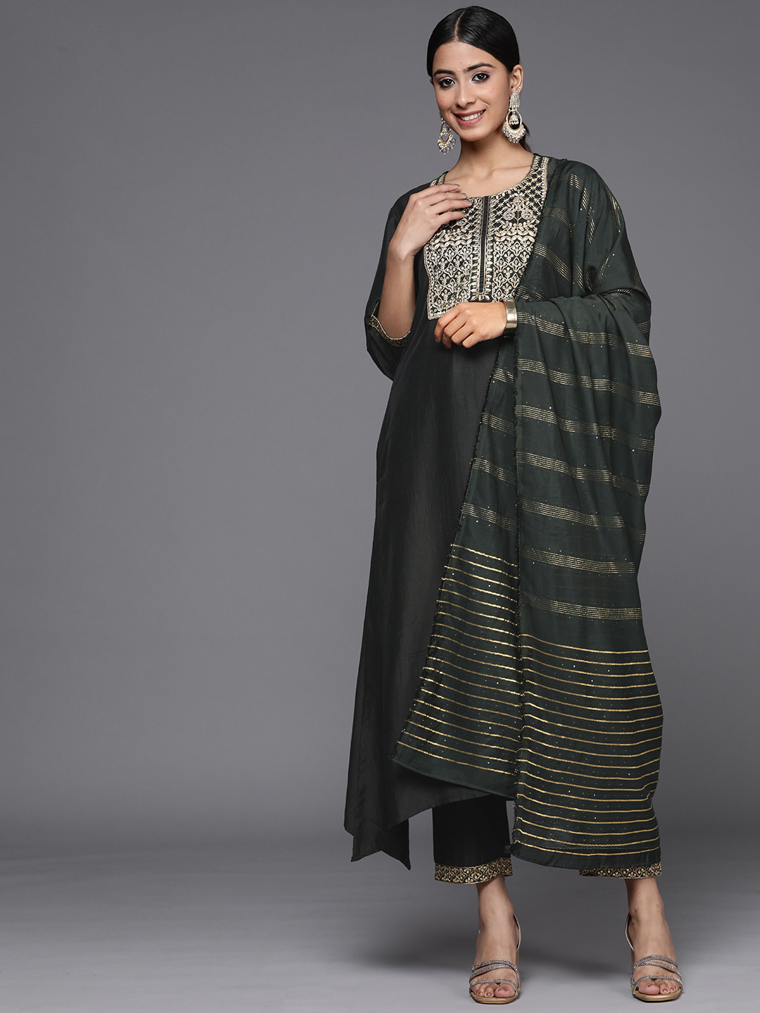 Women Sea Green Embroidered A-Line Kurta Trousers With Dupatta Set