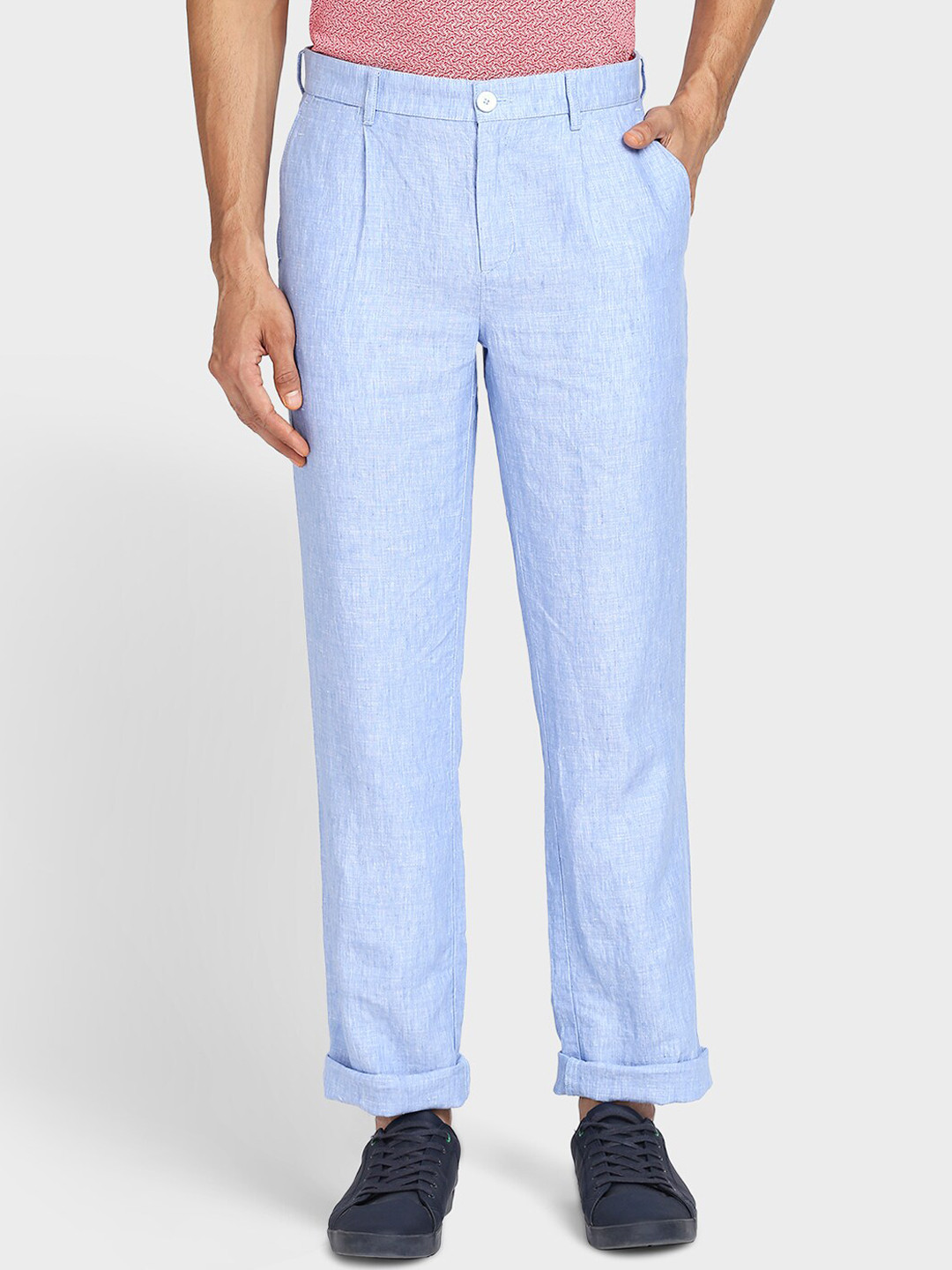 Buy ColorPlus Men Blue Textured Pleated Trousers - Trousers for Men ...