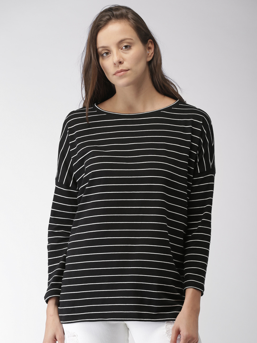 Buy FOREVER 21 Women Black & White Striped Pure Cotton Top Tops for