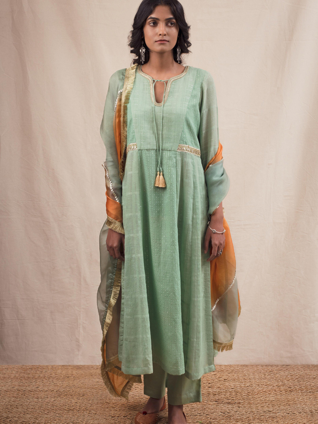Green Floral Embroidered Straight Kurta with Printed Trouser & Dupatta main image 0