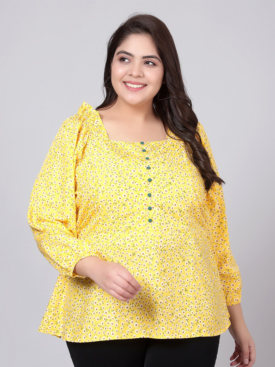 Buy Indietoga Women Plus Size Yellow Floral Printed Top Tops for