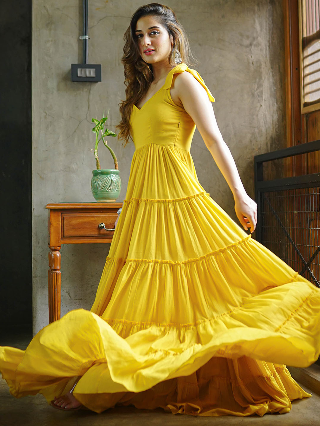 Buy Bunaai Rylee Yellow Cotton Tiered Fit & Flare Maxi Ethnic Dress