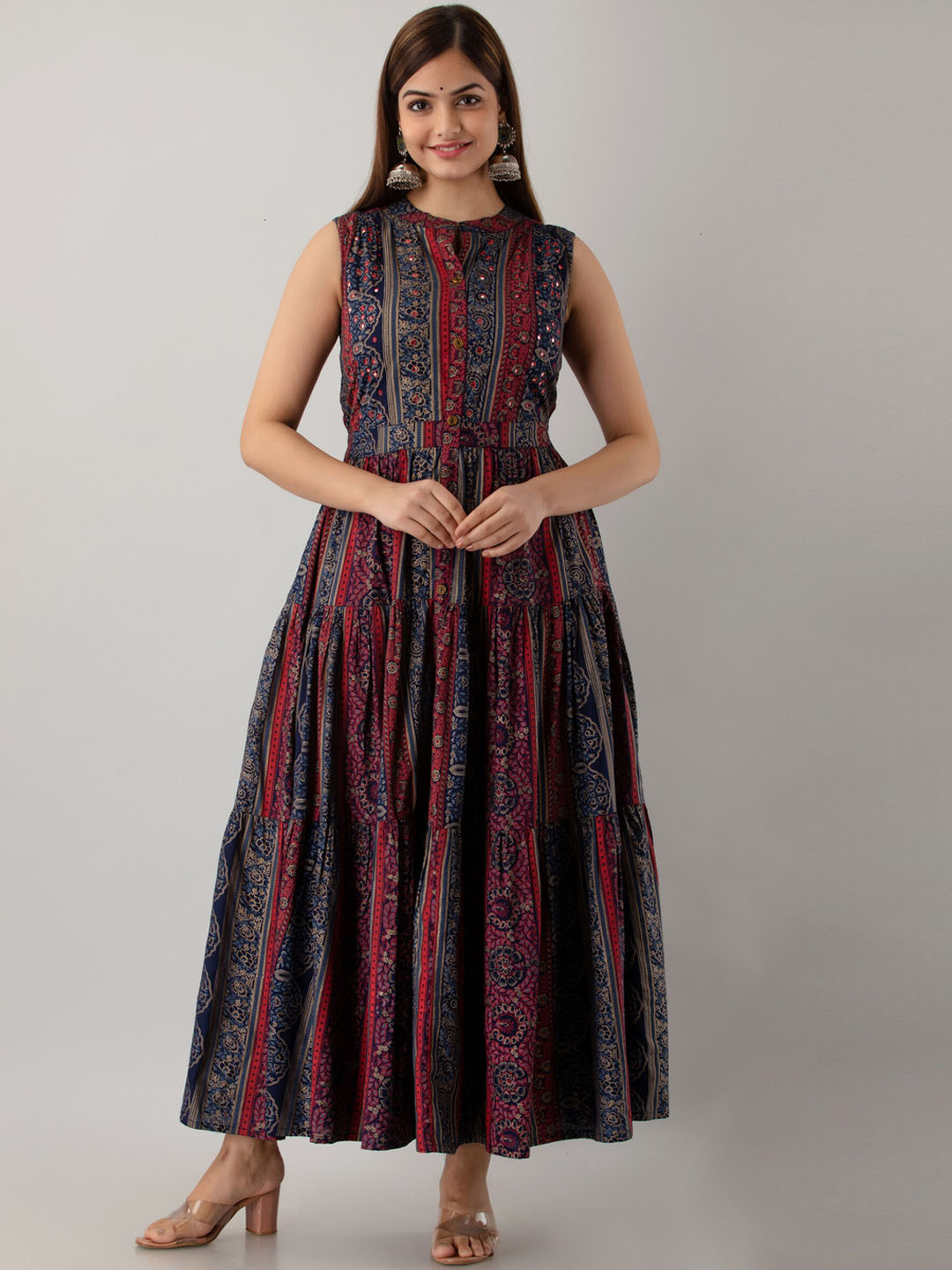 Women'S Navy Blue & Olive Green Ethnic Printed A-Line Dress