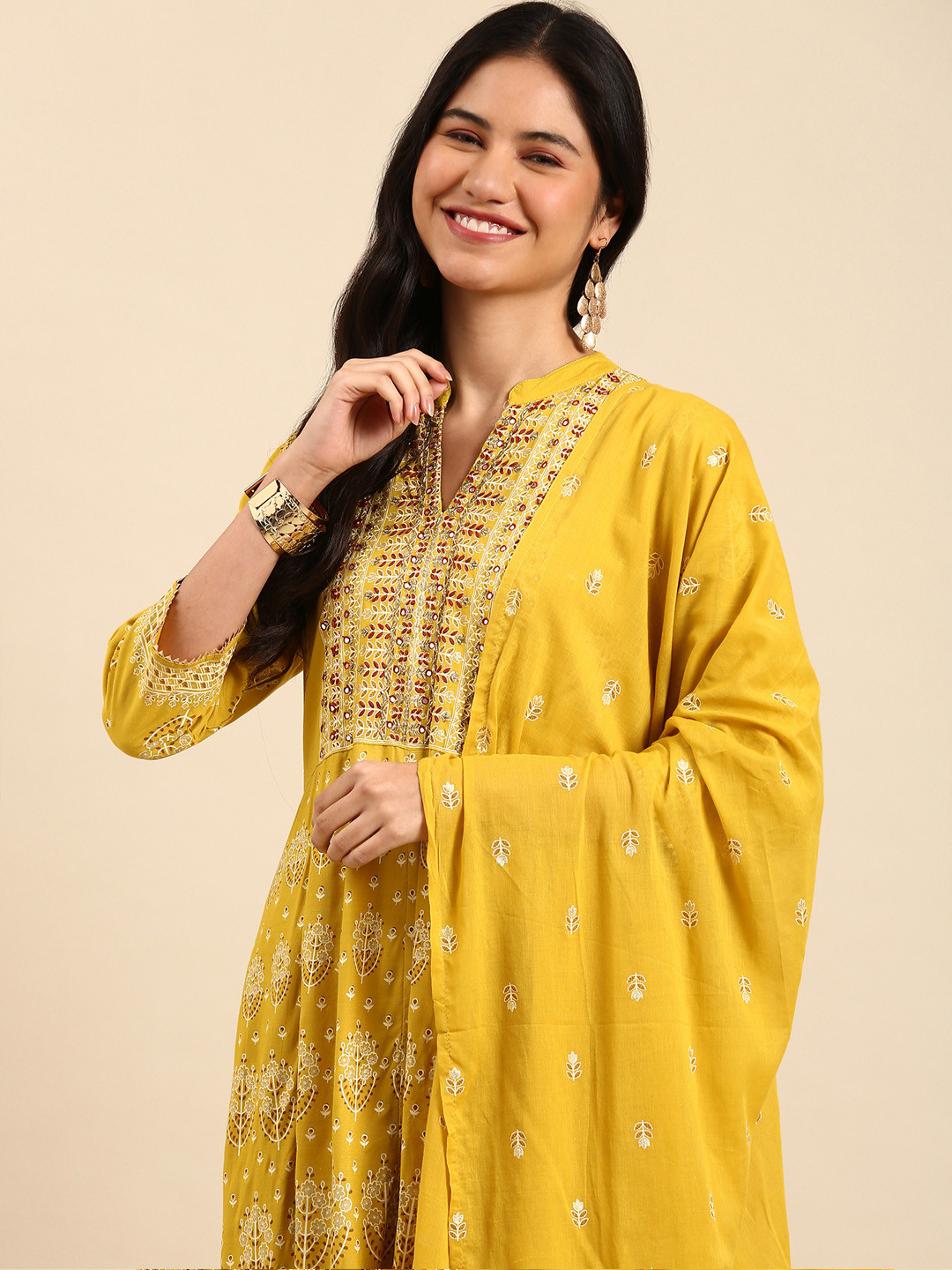 Women Mustard Yellow Pink Ethnic Motifs Print Cotton Kurta With Trousers Dupatta
