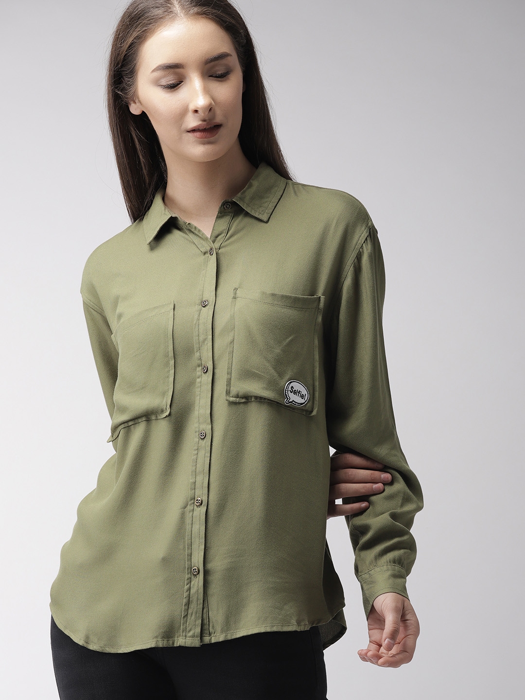 pink shirt olive pants