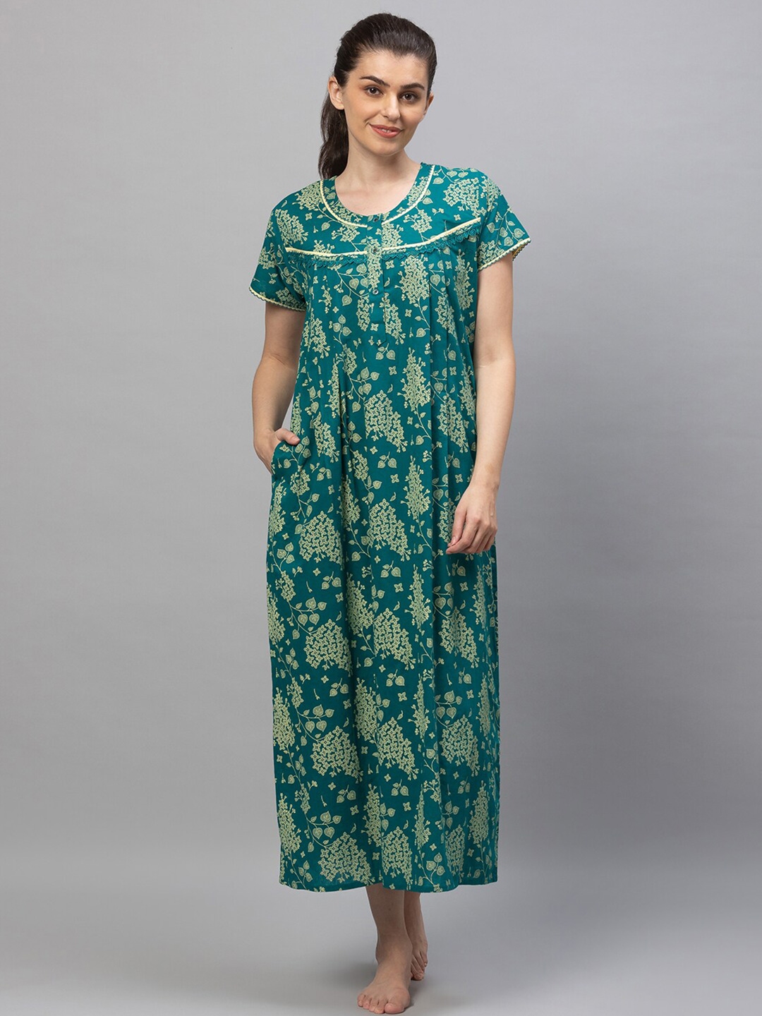 Buy AV2 Green Printed Maxi Pure Cotton Nightdress - Nightdress for ...