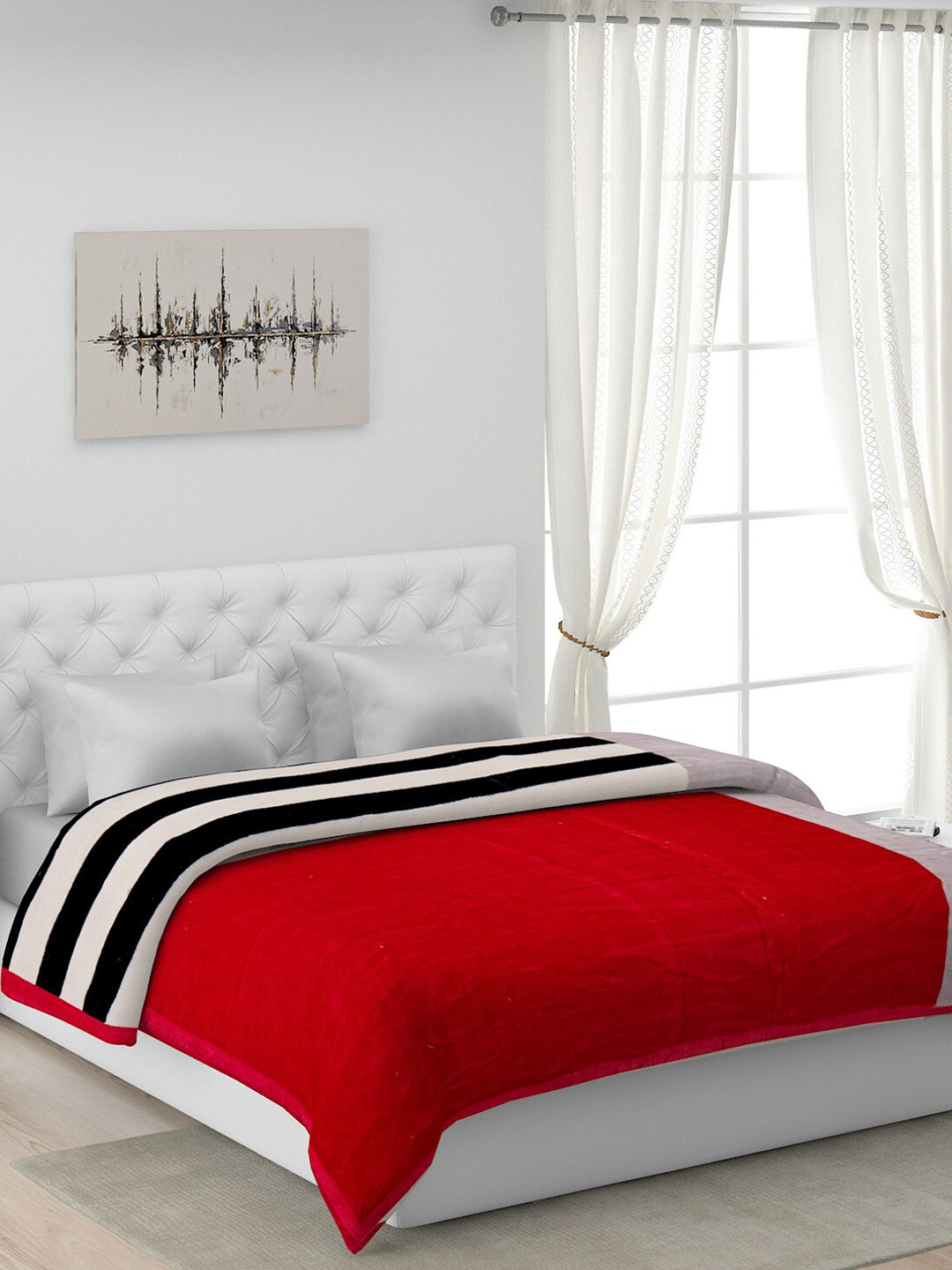 Buy Monte Carlo Red & Black Striped AC Room 600 GSM Double Bed Blanket