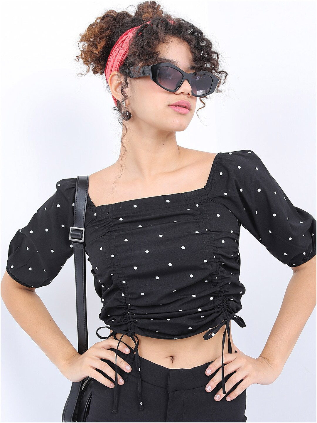 Women Black Organza Dot Print Tie-Knot Crop Top