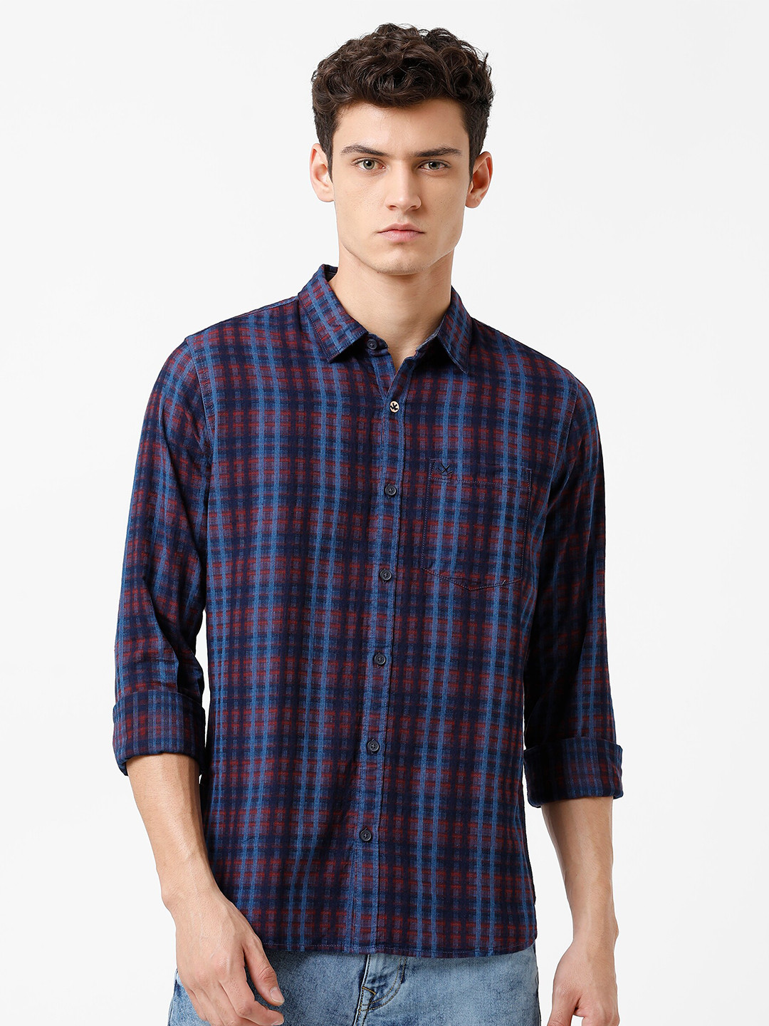 Men's Brown Comfort Tartan Checked Slim Fit Cotton Shirt main image 0