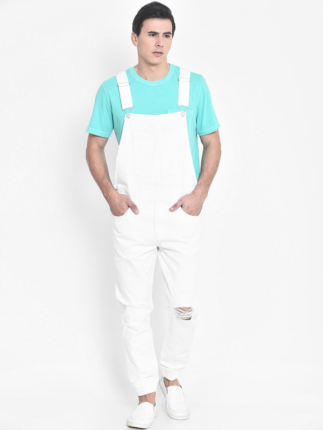 Buy FOREVER 21 Men White Denim Distressed Dungarees Dungarees for Men