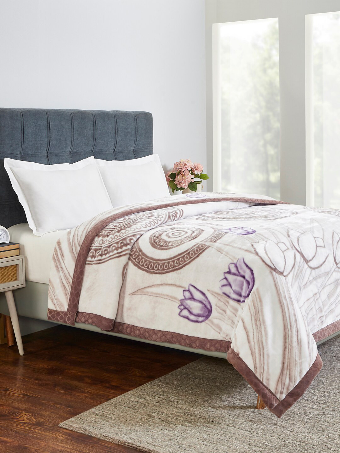 Buy MYTRIDENT White Brown Floral AC Room 600 GSM Double Bed Blanket
