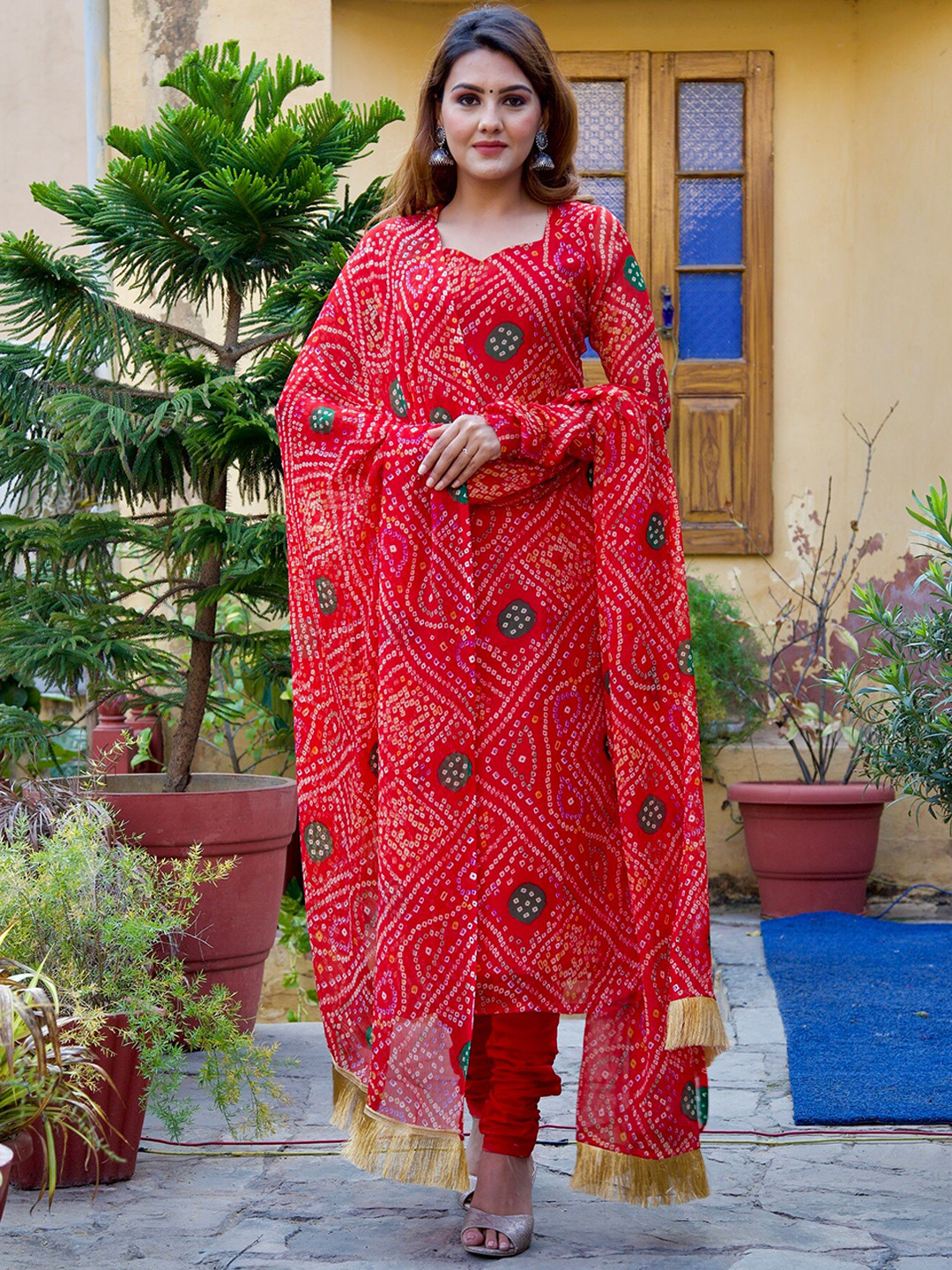 Women Wine Cotton Bandhani printed and embroidered Kurta with Pant & Dupatta