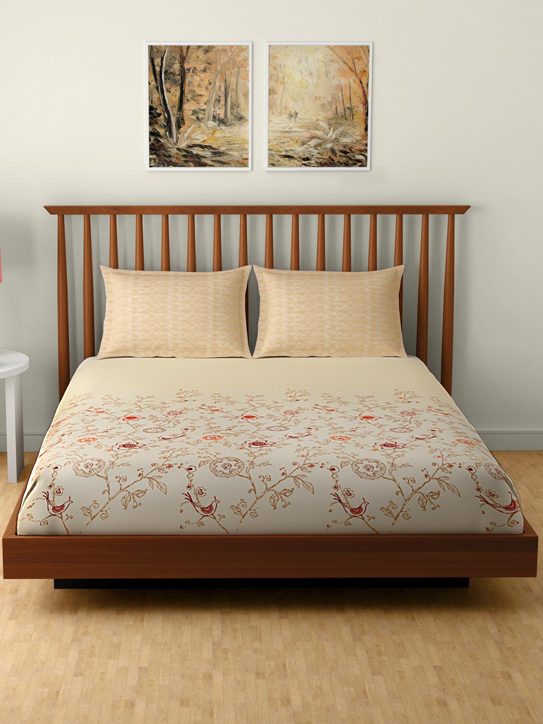 Buy SPACES Beige Cotton 144 TC Double Bedsheet With 2 Pillow Covers