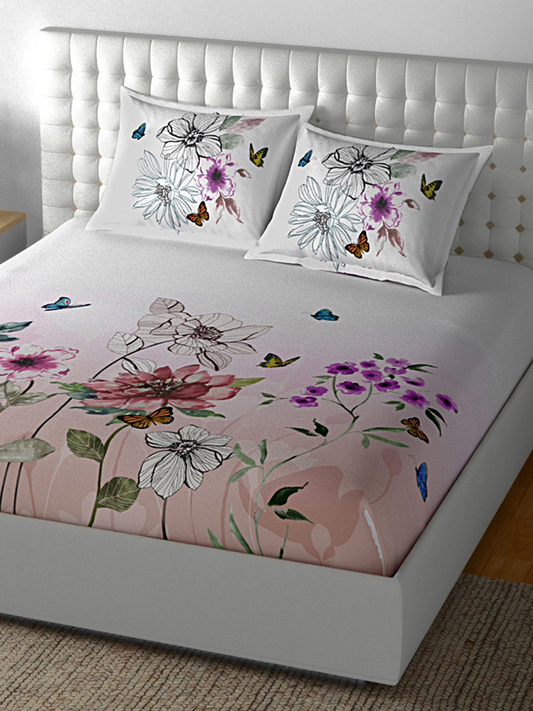 Buy SPACES Off White & Pink Cotton 180 TC Double Bedsheet With 2 Pillow