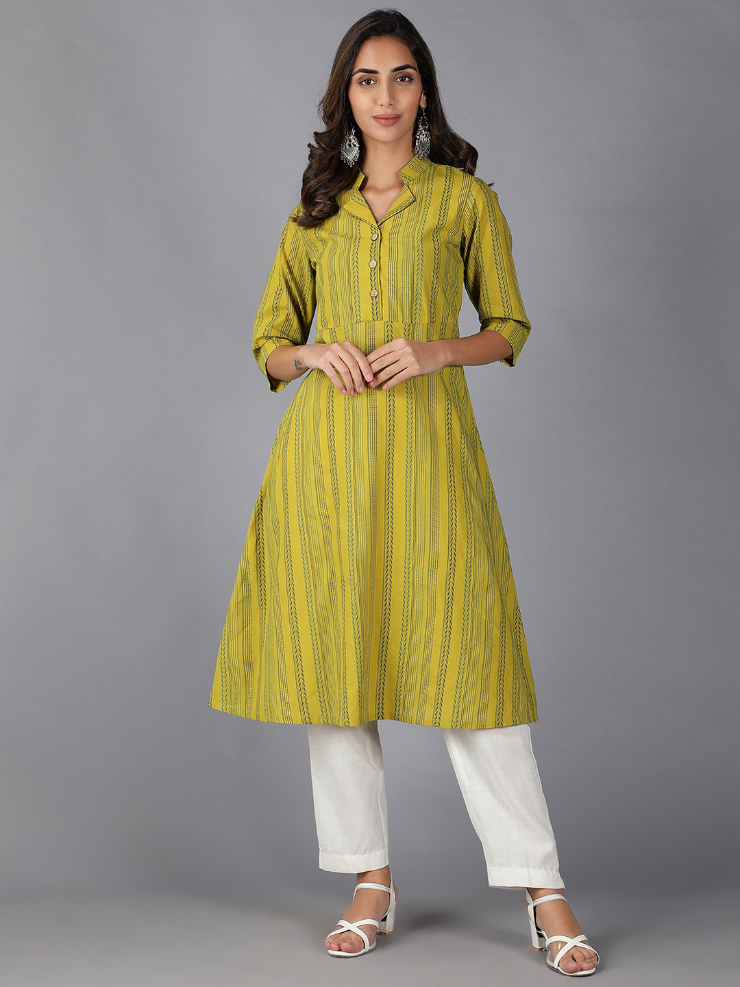 Green Striped Cotton Kurti Set for Women main image 1