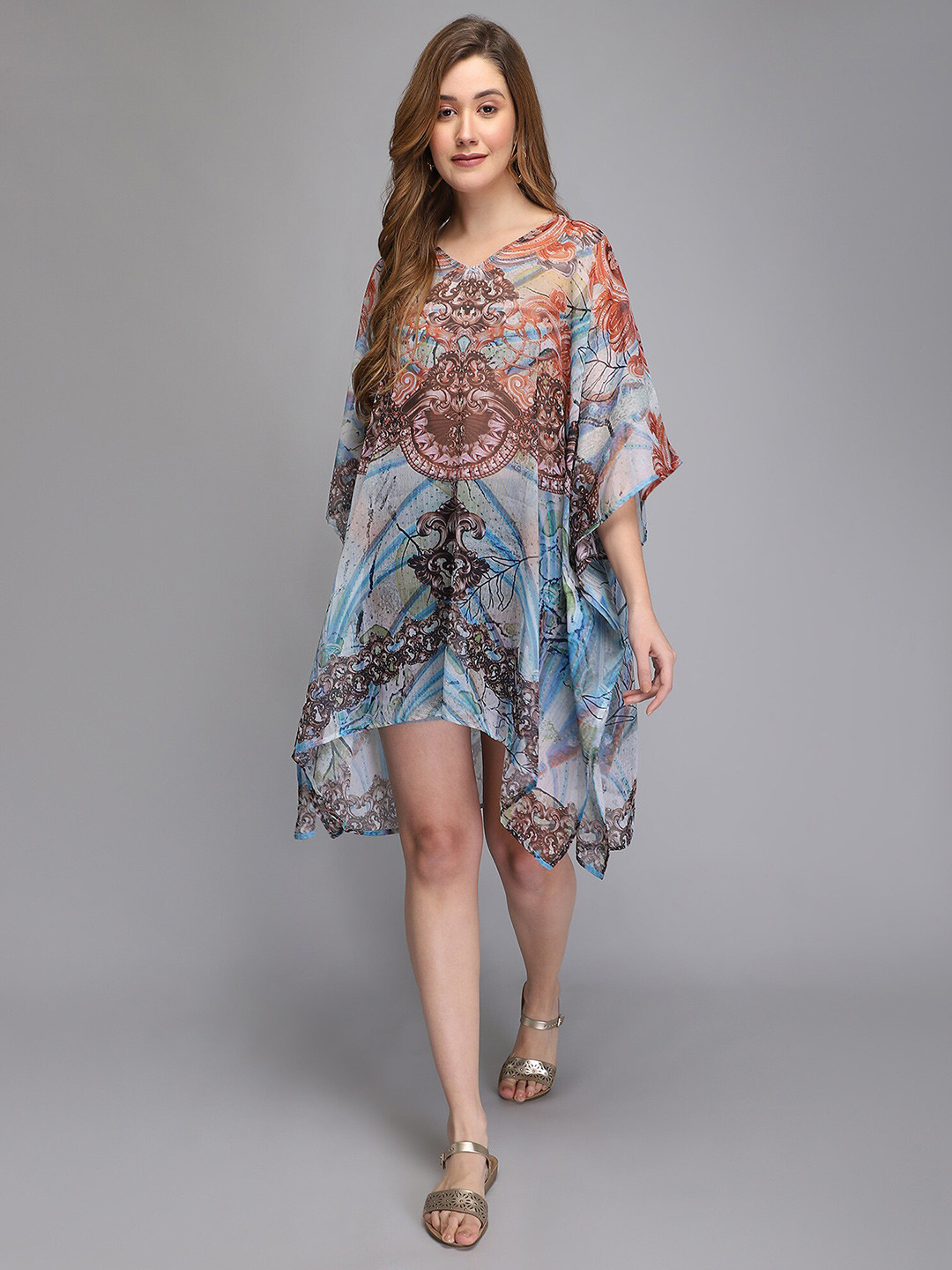 Assam Silk Printed Kaftan Dress with Drawstring Waist