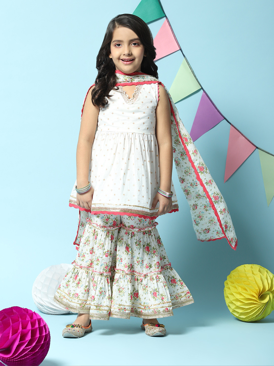 Ethnic Motif Printed Sleeveless Empire Kurta Sharara Set