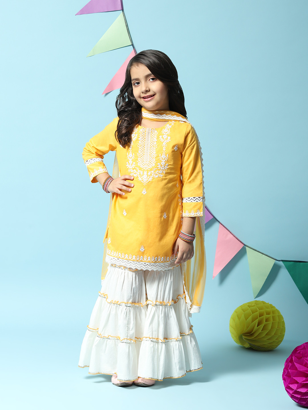 Buy Biba Floral Embroidered Round Neck Kurta With Sharara & Dupatta